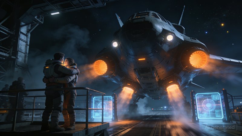 Couple embraces in a sci-fi hangar as a futuristic spaceship blasts orange thrusters into the night.