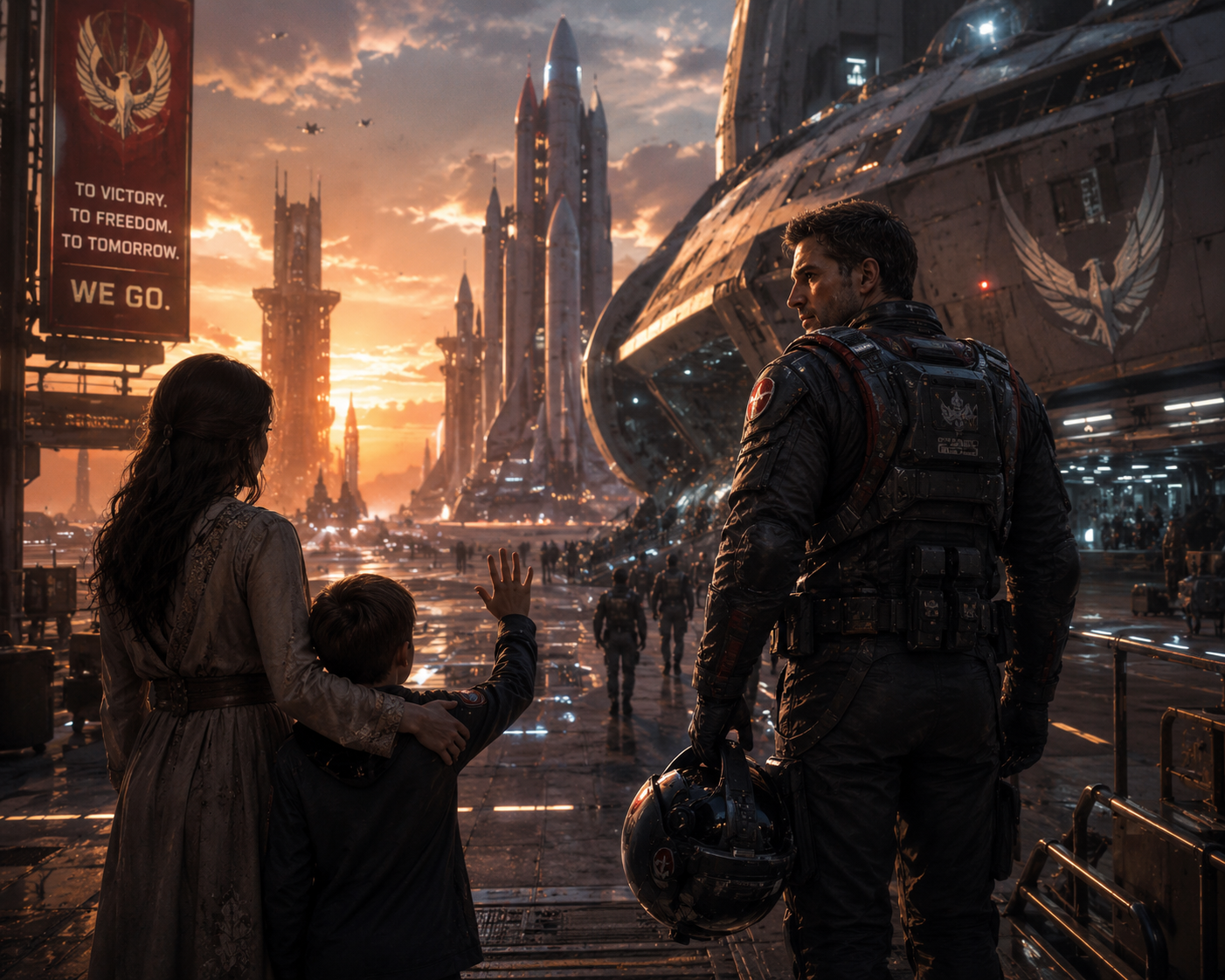 Family with a woman and child greeting a suited pilot in a futuristic city with towering spires and a large spacecraft.