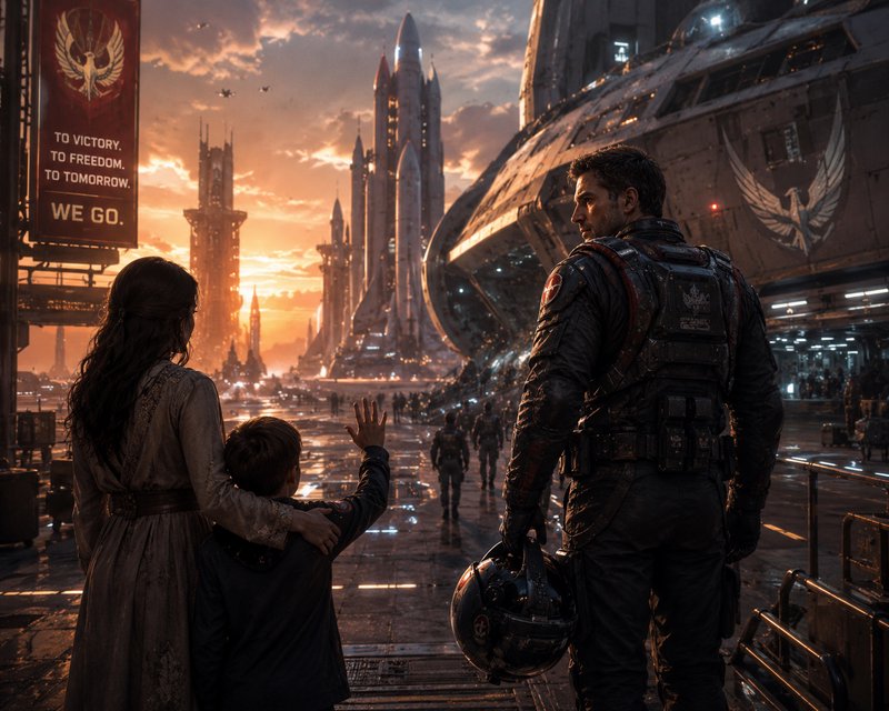 Family with a woman and child greeting a suited pilot in a futuristic city with towering spires a...