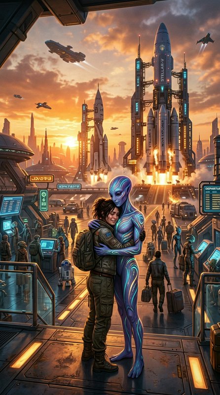 Human embracing a blue alien in a futuristic spaceport with rockets launching at sunset.