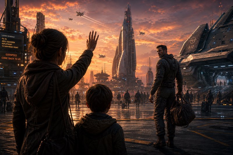 Woman waves to a man in a sci-fi spaceport during sunset, with a crowded futuristic city and ships in the background.