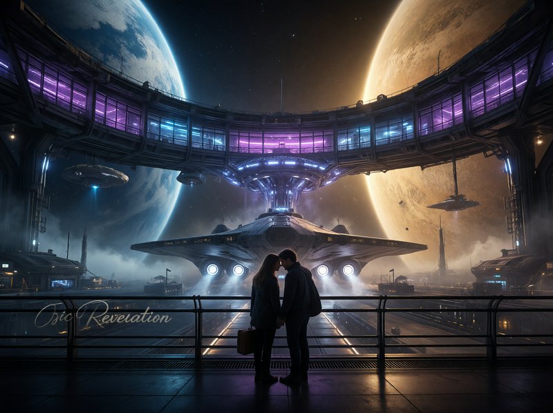 Couple kissing on a futuristic spaceport with a large starship and glowing neon arcs against plan...