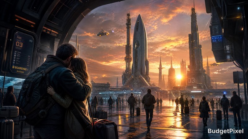 A couple embraces at a futuristic spaceport with towering rocket-like structures and a dramatic s...