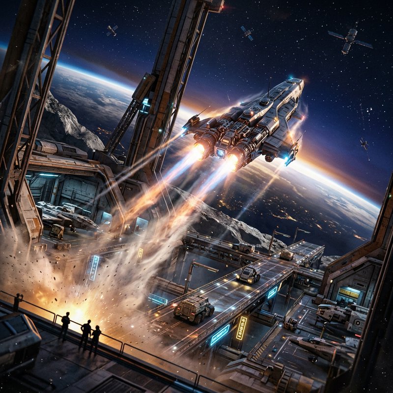 Futuristic spaceship launching from a space station with Earth visible in the background.