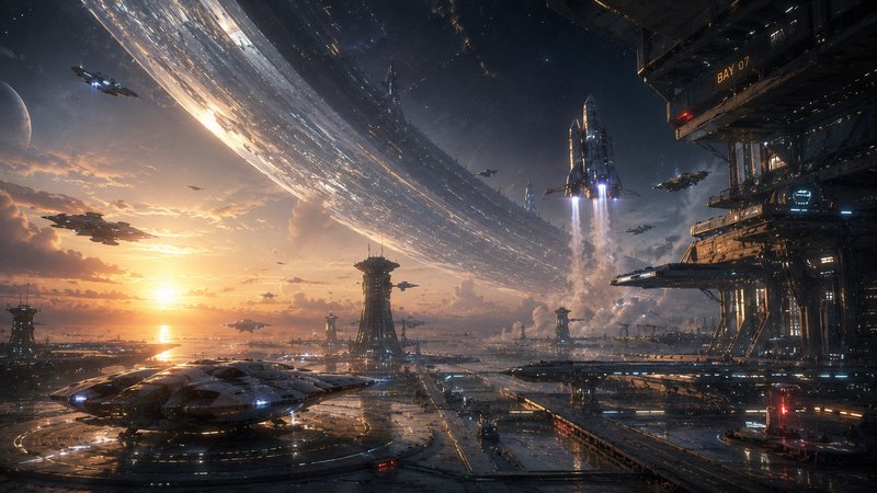 Futuristic spaceport ring city at sunset with landing pads and towering sci-fi structures.