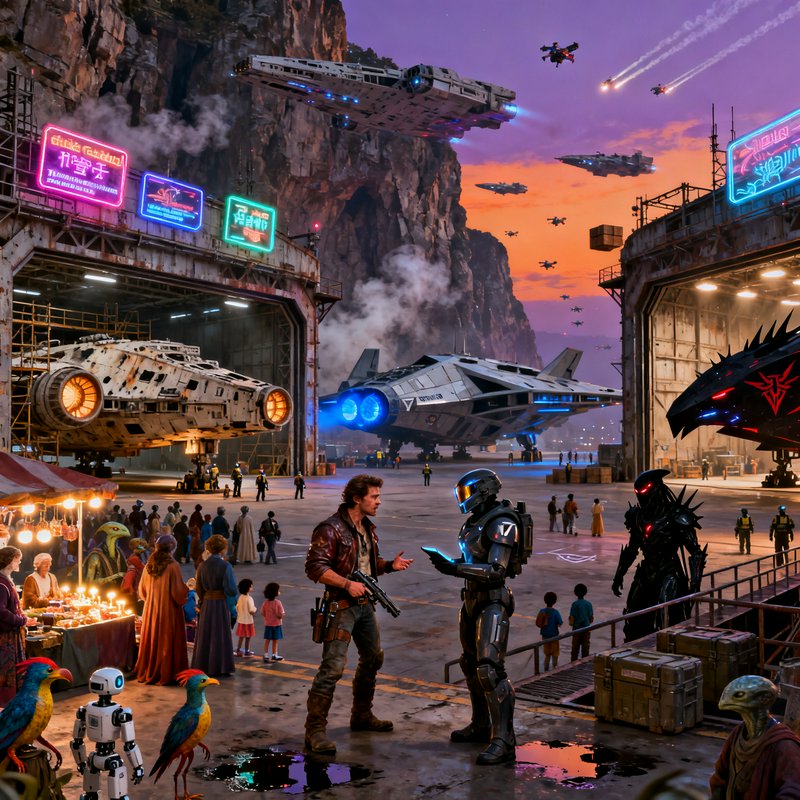 A busy sci-fi hangar bay at sunset with neon signs, futuristic ships, and characters conversing n...