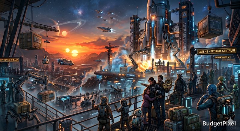 Futuristic spaceport city at sunset with spacecraft, drones, and travelers on a busy platform.