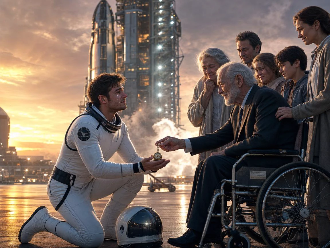 Astronaut kneels to award a medal to an elderly man in a wheelchair, surrounded by family, with a rocket launch backdrop a...
