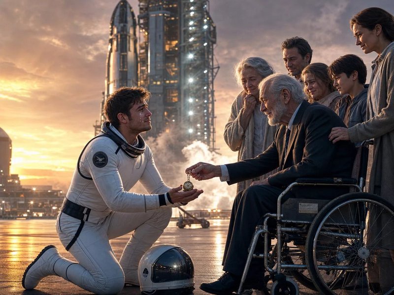 Astronaut kneels to award a medal to an elderly man in a wheelchair, surrounded by family, with a...