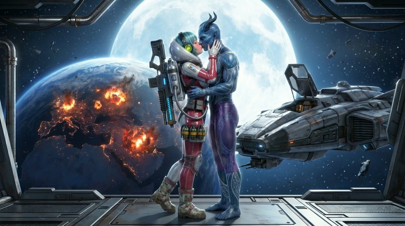 Two alien humanoids kiss aboard a futuristic space station with Earth, the Moon, and a sleek spac...