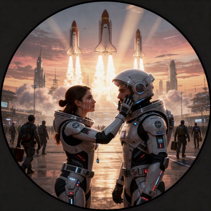 Two astronauts in futuristic suits touch foreheads amid a rocket launch at sunset.