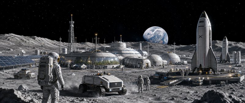 Lunar base on the Moon with domed habitats, astronauts, rovers, and a towering rocket under a sta...