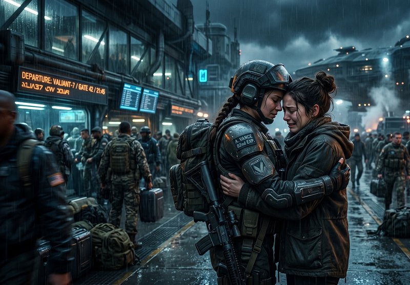 Two soldiers in tactical gear hug in a rainy, futuristic airport terminal.