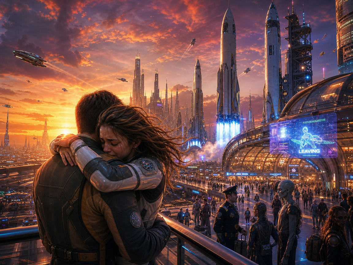 Embracing couple in a futuristic city with rockets, glass domes, and a sunset sky.