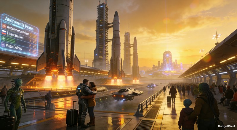 Futuristic spaceport with towering rockets, travelers, and glowing signs at sunset.