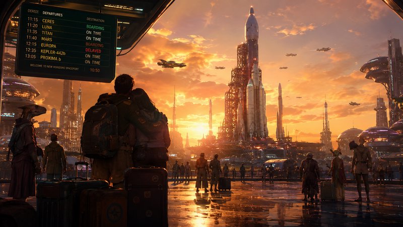 Futuristic spaceport at sunset with travelers and tall rocket towers, luggage, and flying crafts.