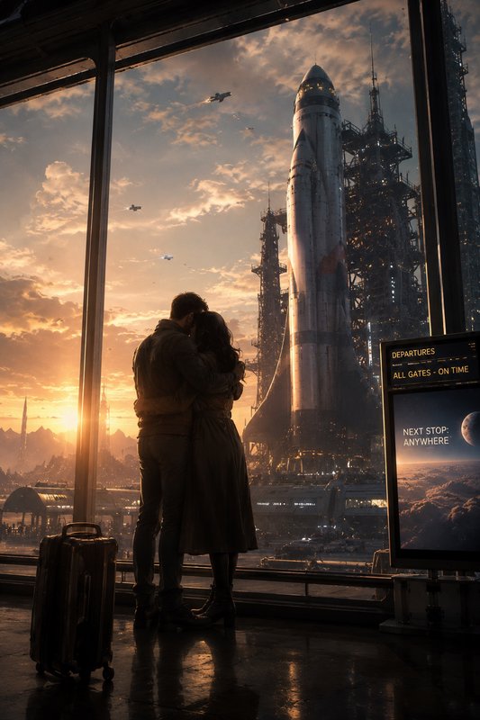 Couple embracing at a terminal window with a towering rocket on the launch pad outside at sunset.