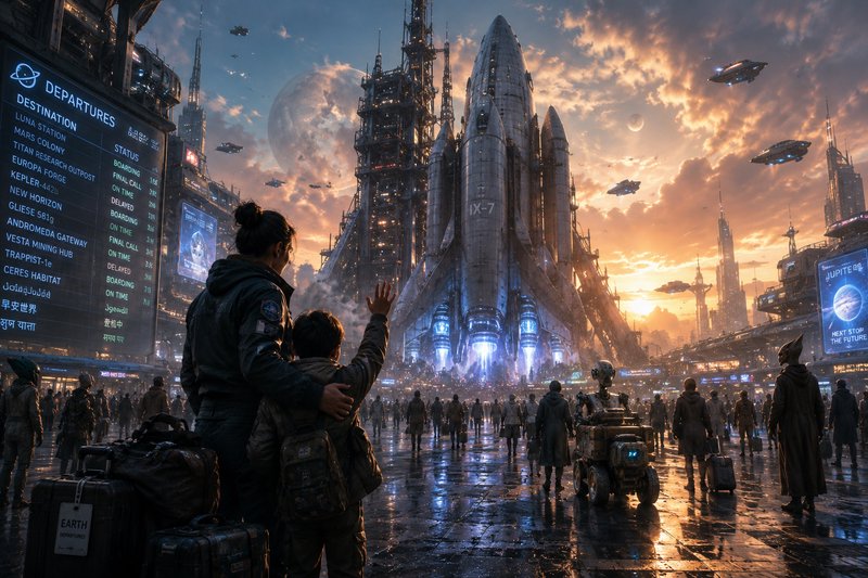 A bustling futuristic spaceport with towering rockets and spacecraft at sunset.