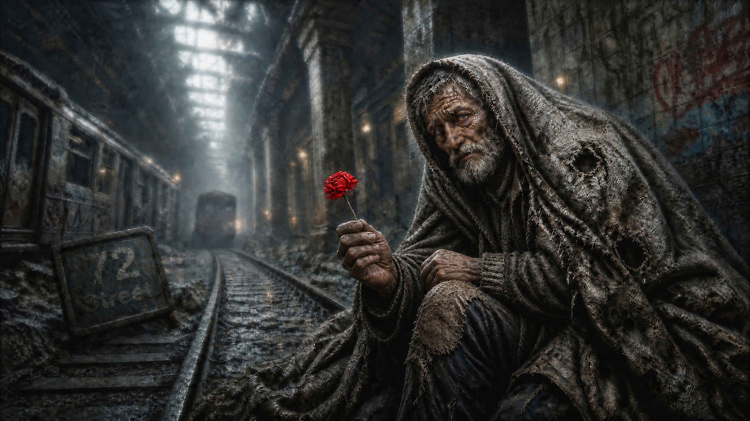 forlorn elderly man in a tattered cloak on deserted train tracks holding a red rose