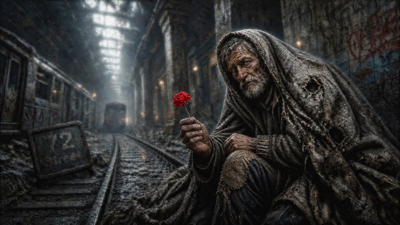 forlorn elderly man in a tattered cloak on deserted train tracks holding a red rose