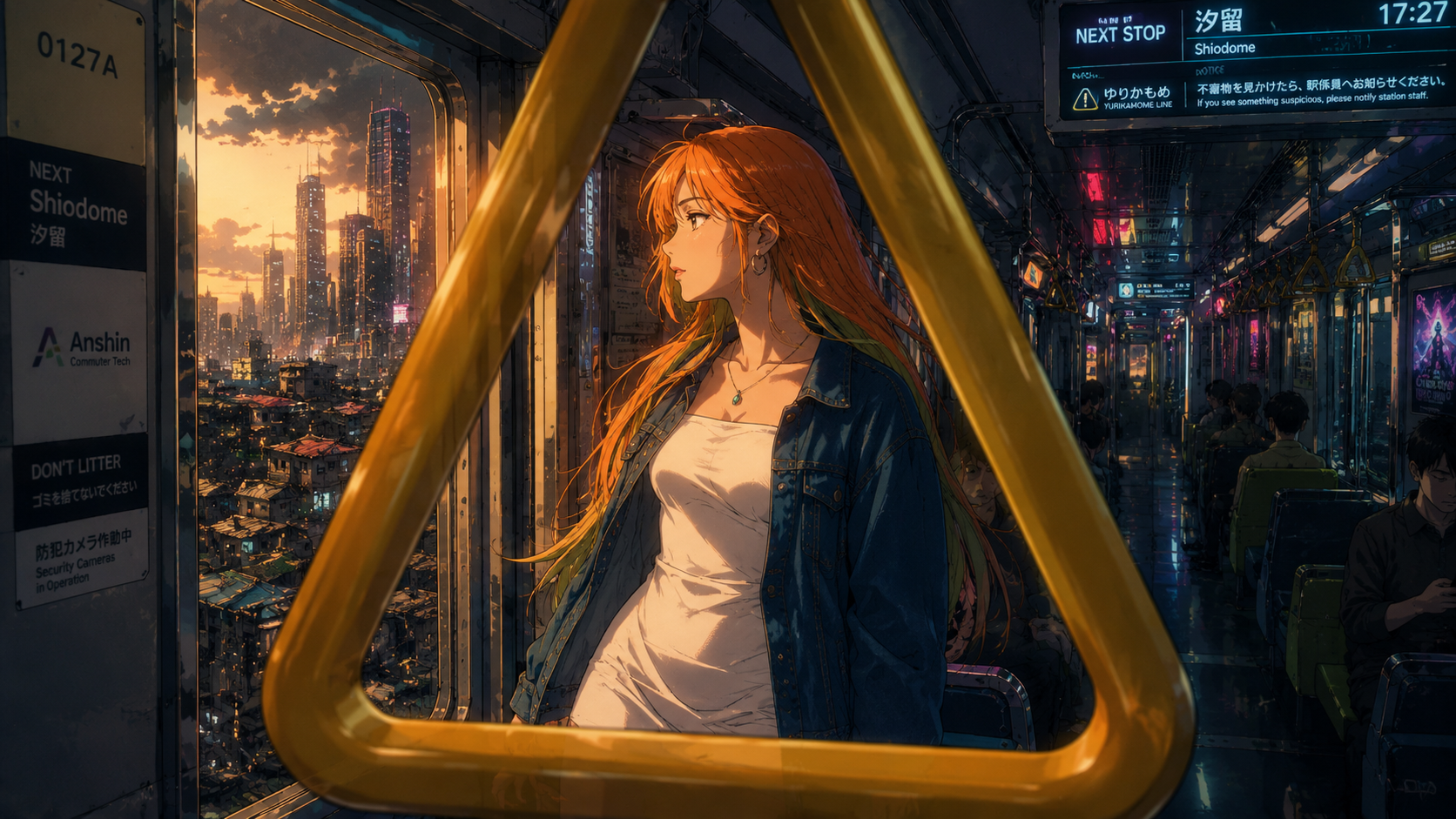 Anime-style red-haired girl in a denim jacket in a futuristic city subway car at sunset.