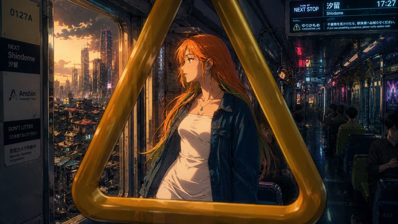 Anime-style red-haired girl in a denim jacket in a futuristic city subway car at sunset.