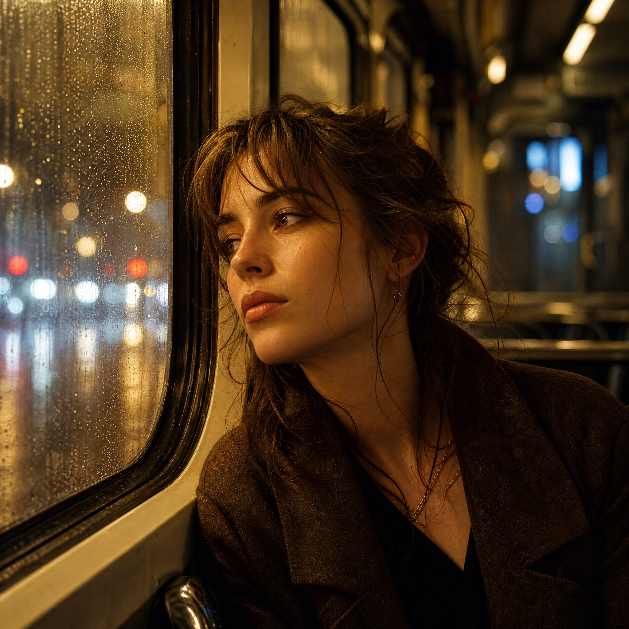 Young woman on a night bus looking out a rain-streaked window with warm city lights.