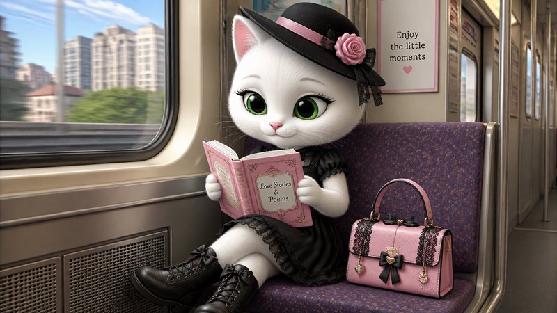 Animated white cat in a black dress and hat reading a pink book on a subway car.