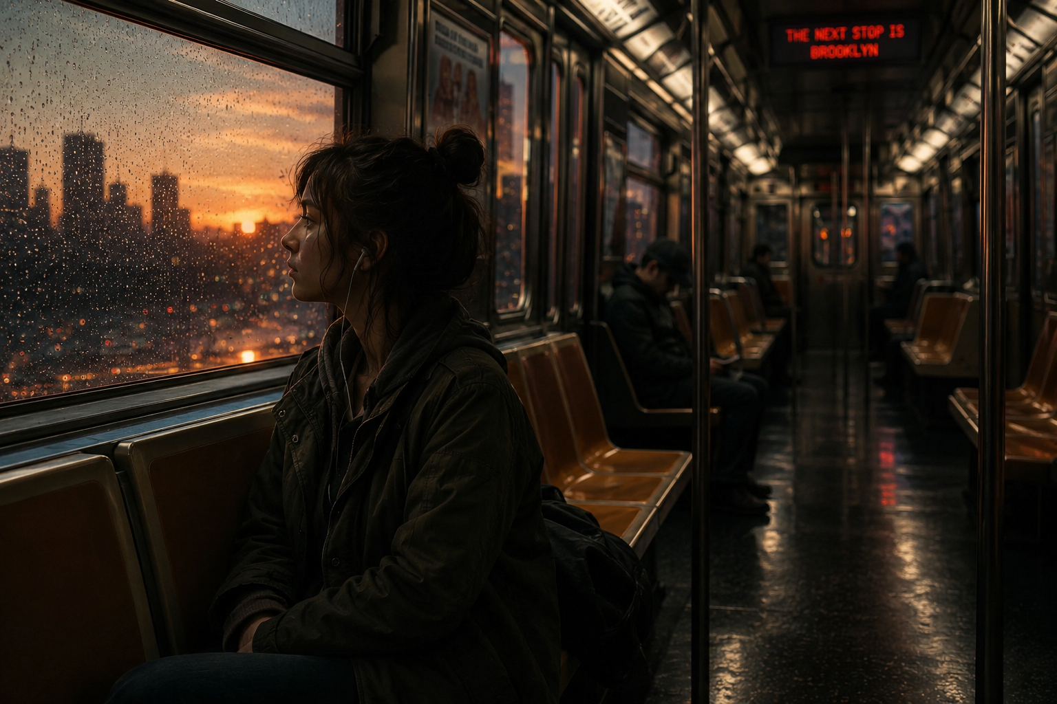 Woman sits in a rainy subway car, looking out at the sunset city skyline.