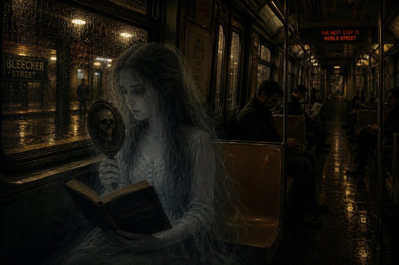 Ghostly woman in a vintage dress reading a book on a dim, rain-soaked subway car.