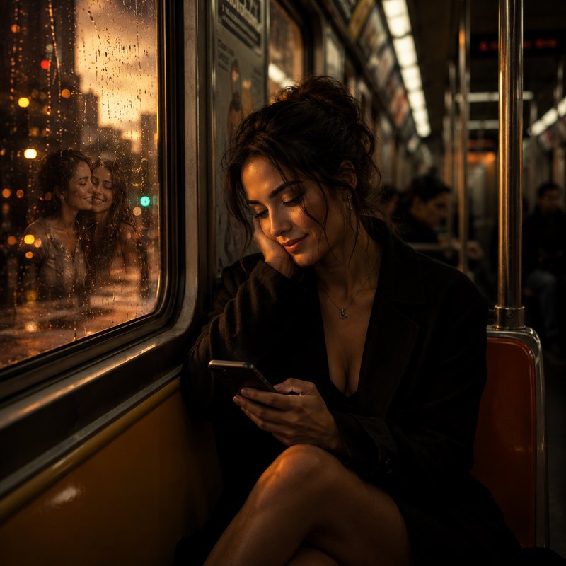 Woman on a dimly lit city bus at night, gazing at her phone with reflections in the rain-speckled window.