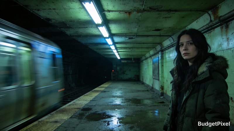 Woman in a warm coat on a damp, green-tinted subway platform as a speeding train passes.