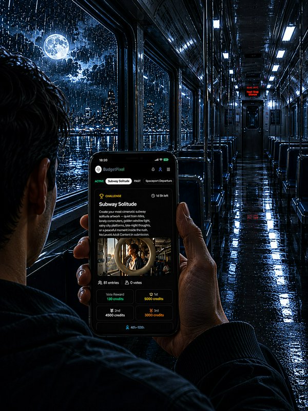 Person inside a rain-soaked subway car looking at a phone displaying a budgeting app.