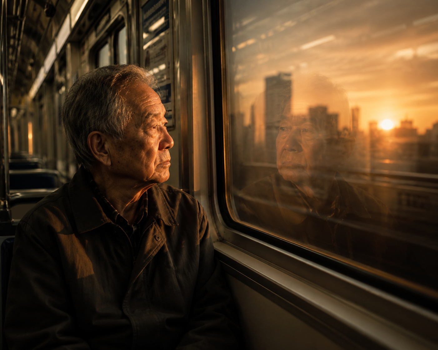 Elderly man on a subway, gazing out window at sunset with city skyline reflection.