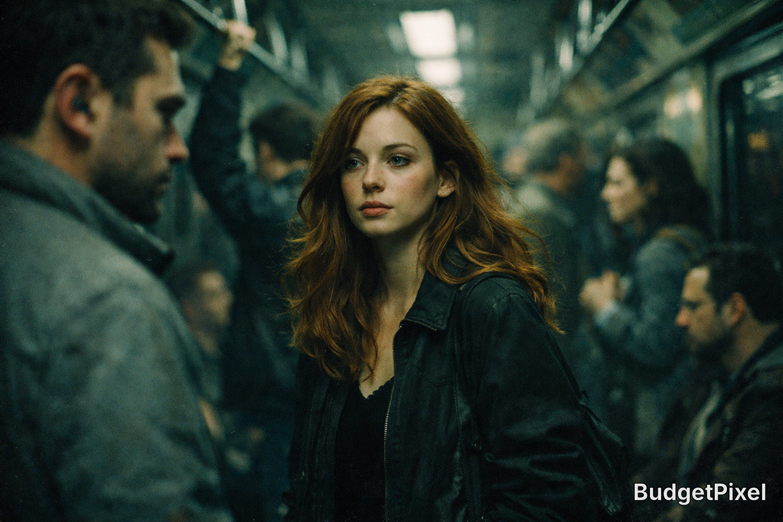 Red-haired woman in a dark jacket stands in a moody subway train car.