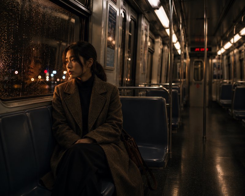 Woman in a brown coat sits on a dim subway car at night, rain streaked window beside her.