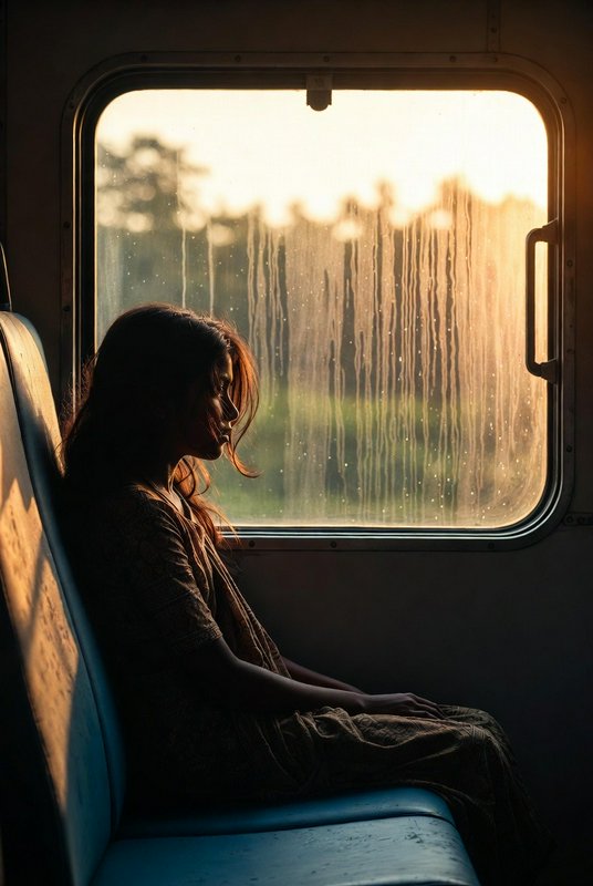 Woman sitting on a train seat by a rain-streaked window at sunset, silhouette in warm light.