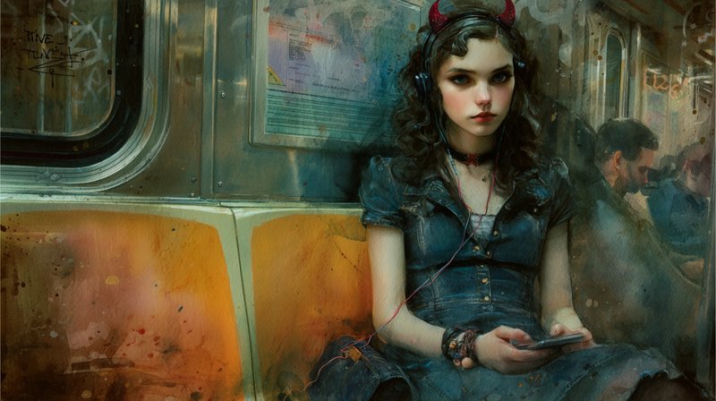 A young woman with devil horn headband and headphones sits on a subway seat, absorbed in her phone.