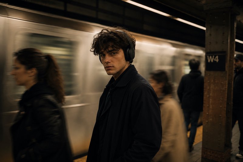 Young man wearing headphones on a subway platform, looking at the camera amid blurred commuters.