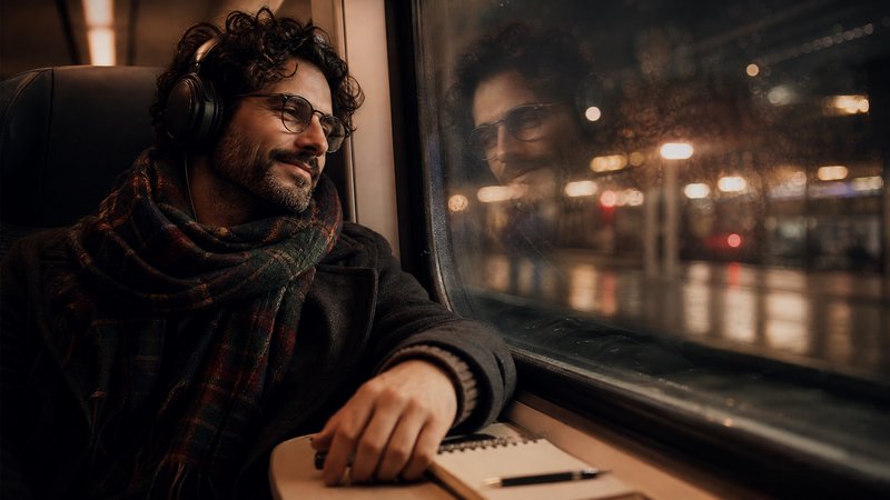 Man wearing headphones on a night train, gazing out the window with a scarf and notebook.