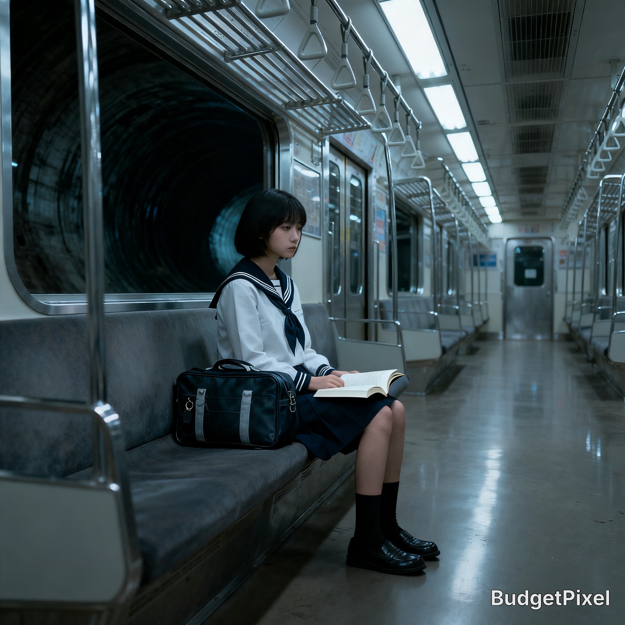 Student in a Japanese school uniform reading a book on an empty subway car.