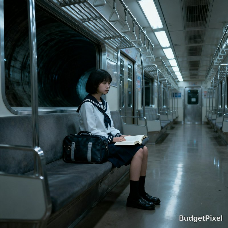 Student in a Japanese school uniform reading a book on an empty subway car.