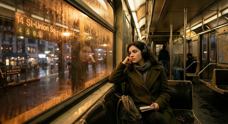 Woman on a subway at night wearing a brown coat and headphones, gazing out the rain-splattered wi...