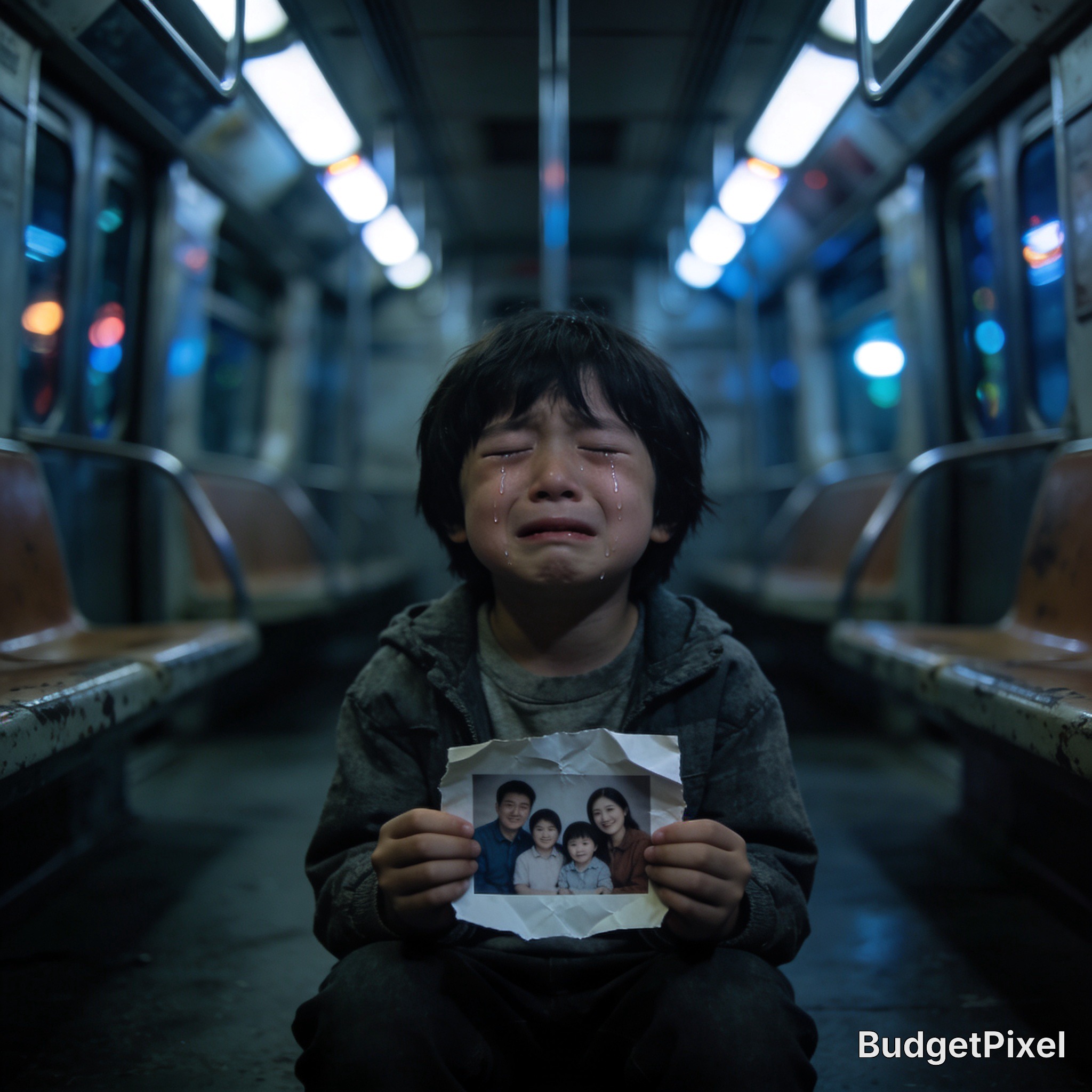 A young child crying in a subway car, holding a crumpled family photo.