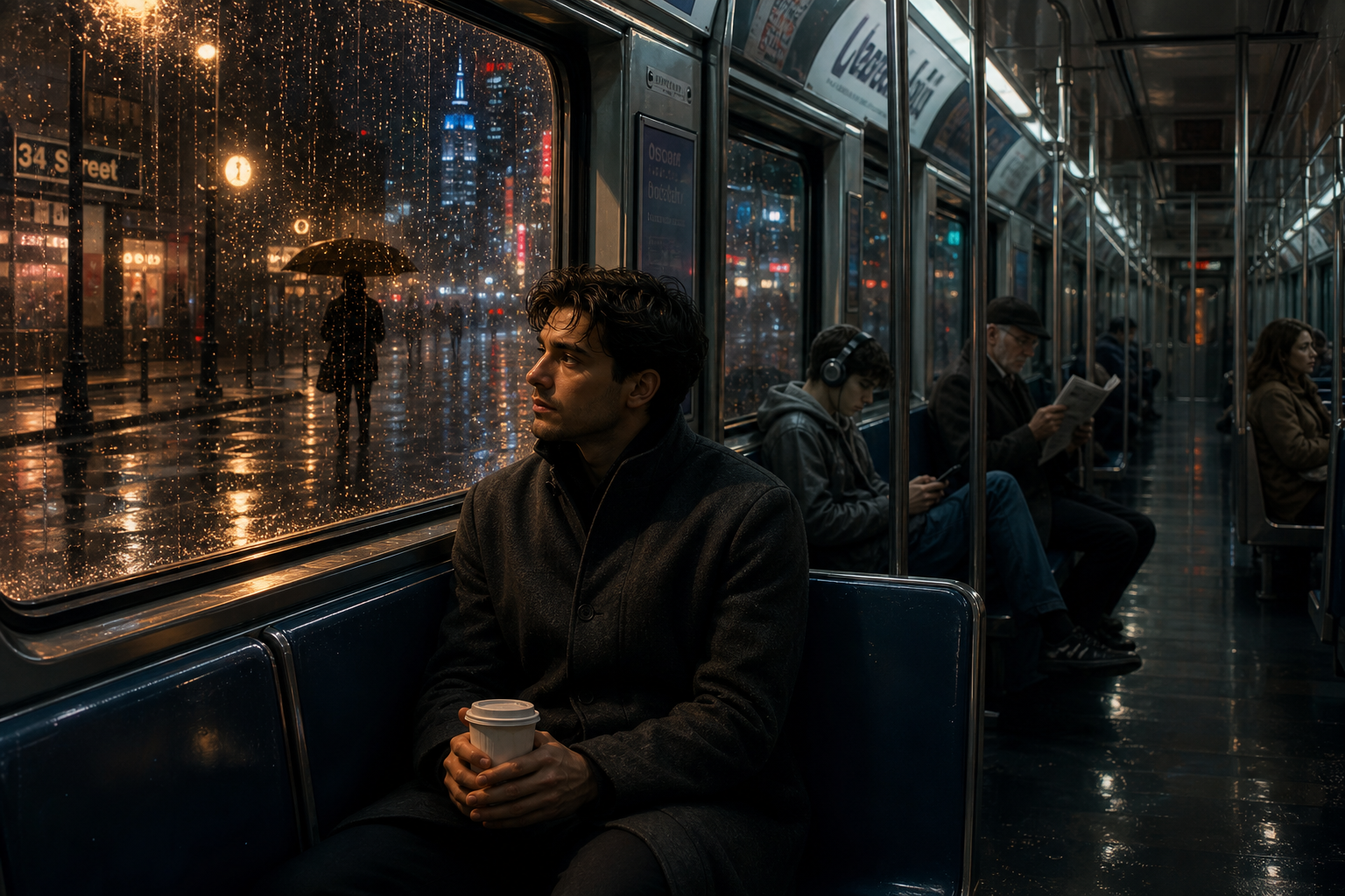 Man on a rainy city night subway car holding a coffee, gazing out the window.