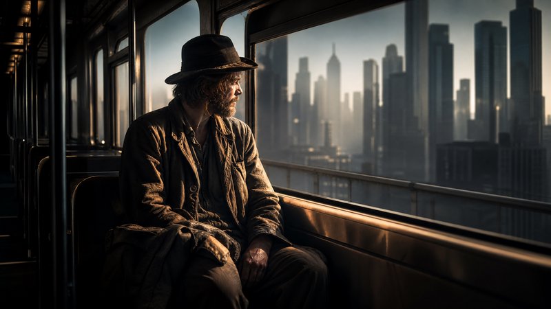 Older man in a brown jacket and hat sitting on a subway car, gazing toward a city skyline at sunset.
