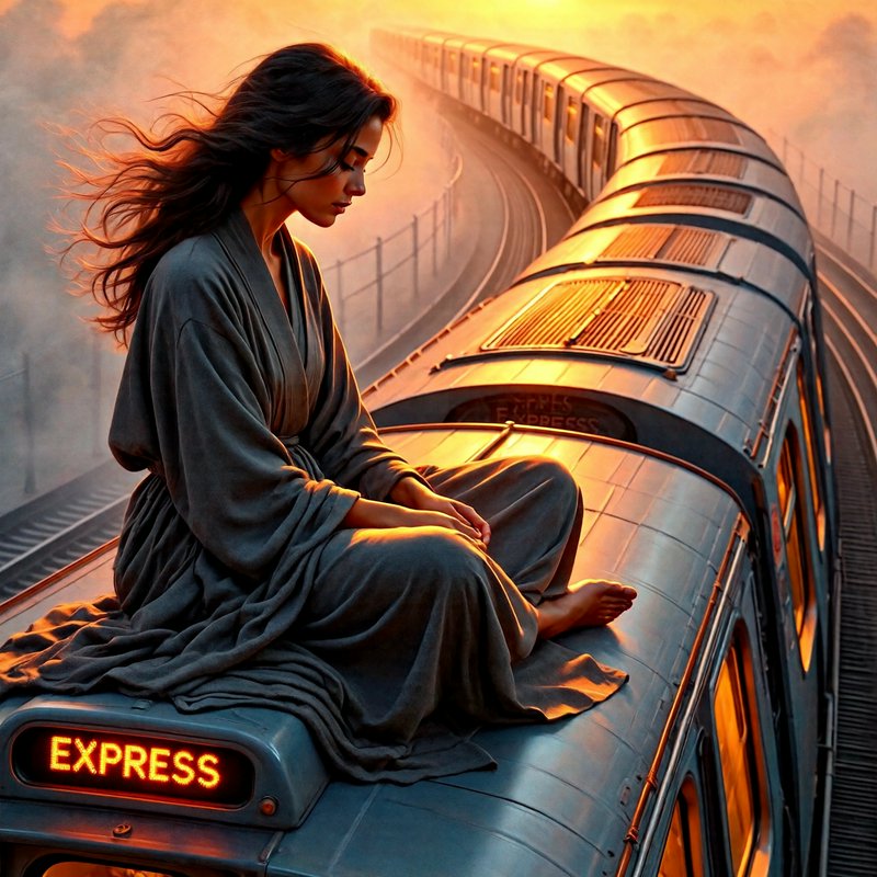 Woman in a gray robe sits cross-legged on a curved express train roof at sunset.