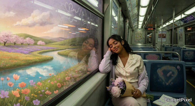 Woman on a train resting her head by a window with a pastel mural of flowers, meadows, and a river outside.