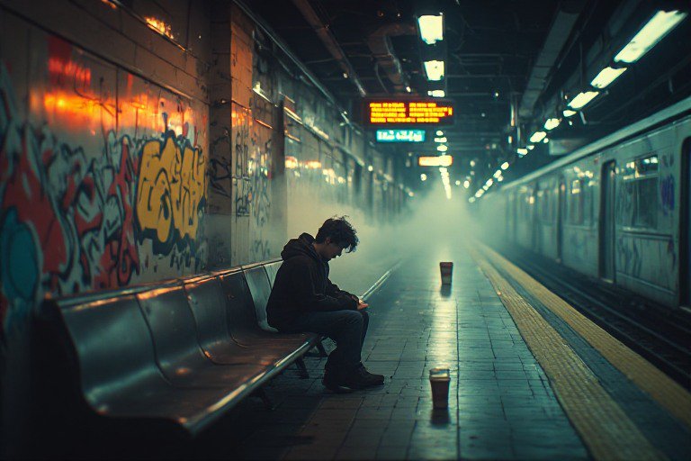 A lonely man sits on an empty subway platform with graffiti walls and misty lighting.