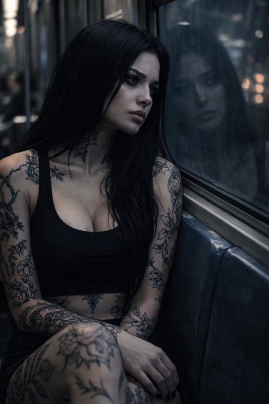 Moody portrait of a tattooed woman sitting by a train window in a black crop top.